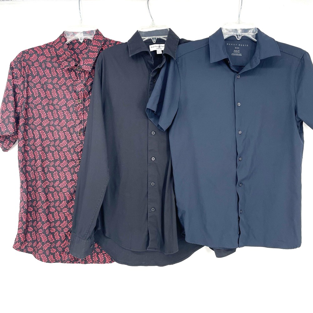 Lot of 3 Size S Perry Ellis Long Short Sleeve Button Up Dress Shirt Preppy